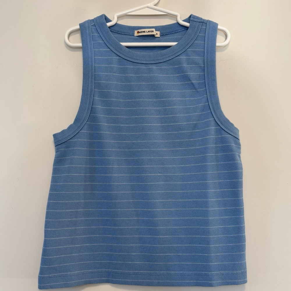 Marine Layer Lexi Rib Sun-In High Neck Crop Tank Top Blue/White Stripe Women XS